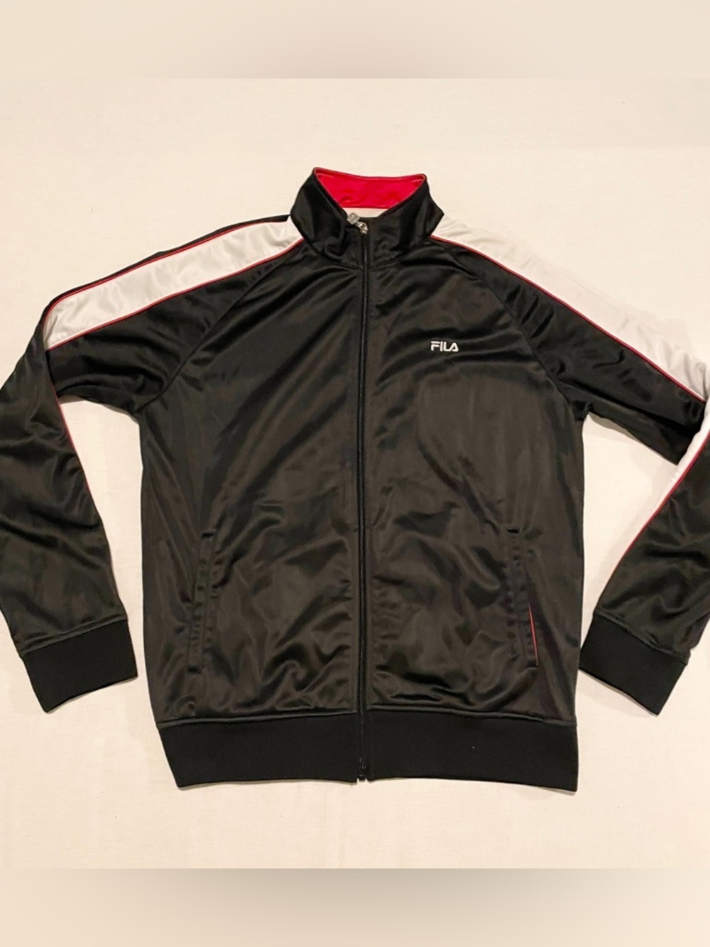 FILA Retro Men’s Track Jacket Black White Red Stripe Full Zip Size L